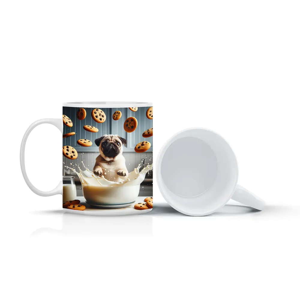 Pug Puppy Splashing Milk With Cookies – Mugs