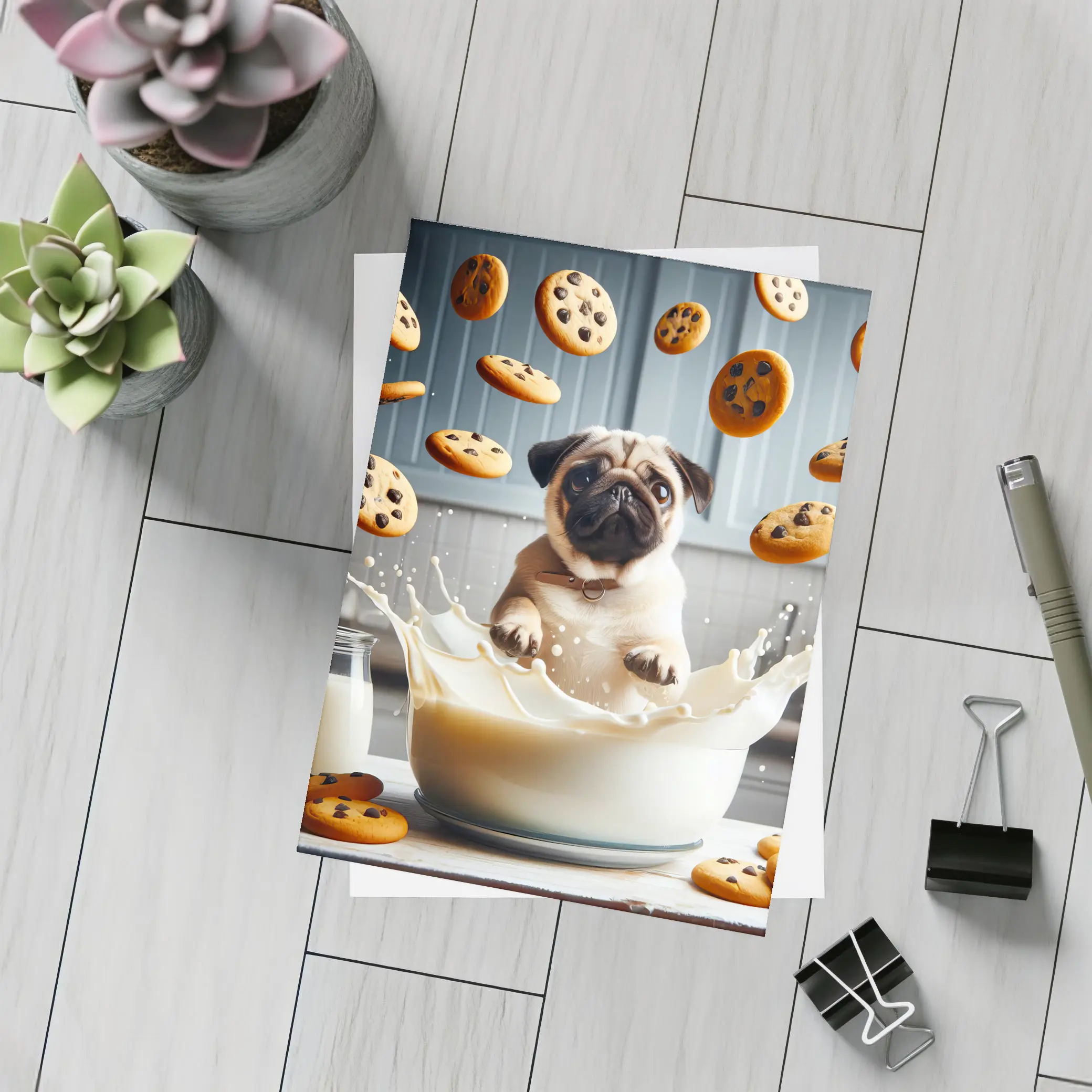 Pug Puppy Splashing Milk With Cookies – Postcards
