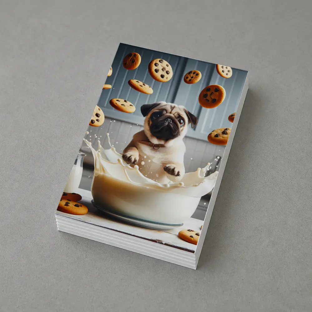 Pug Puppy Splashing Milk With Cookies – Postcards
