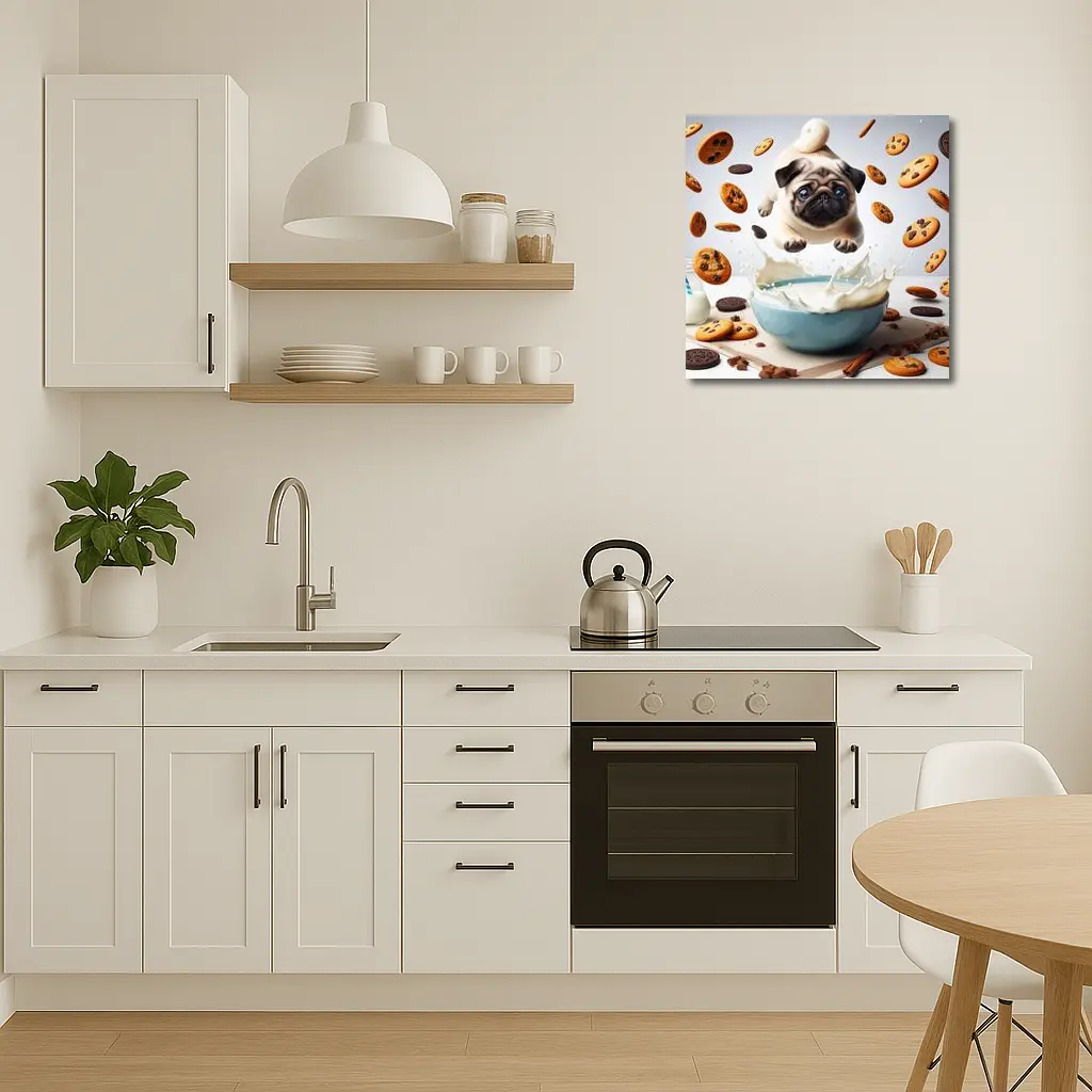 Pug Puppy Flying Over Milk Bowl Cookies – Wall Art
