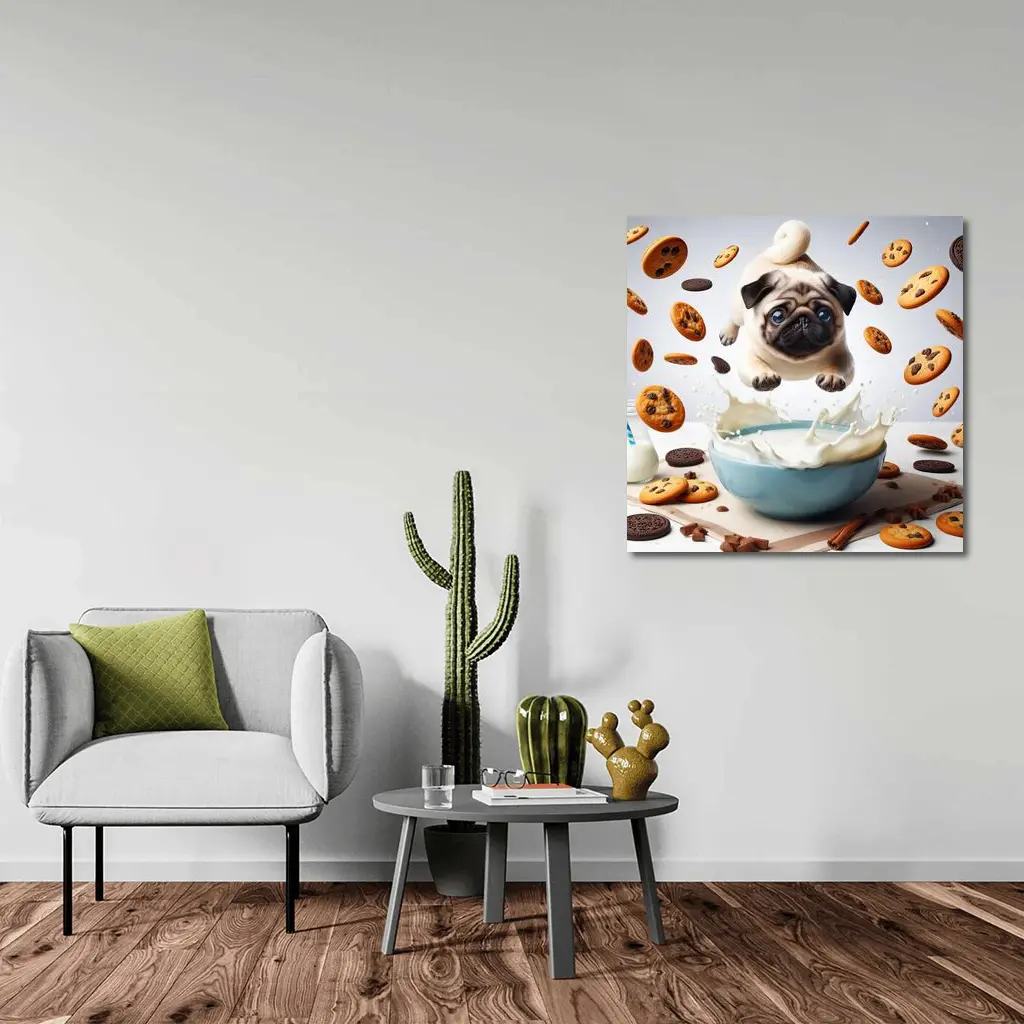 Pug Puppy Flying Over Milk Bowl Cookies – Wall Art