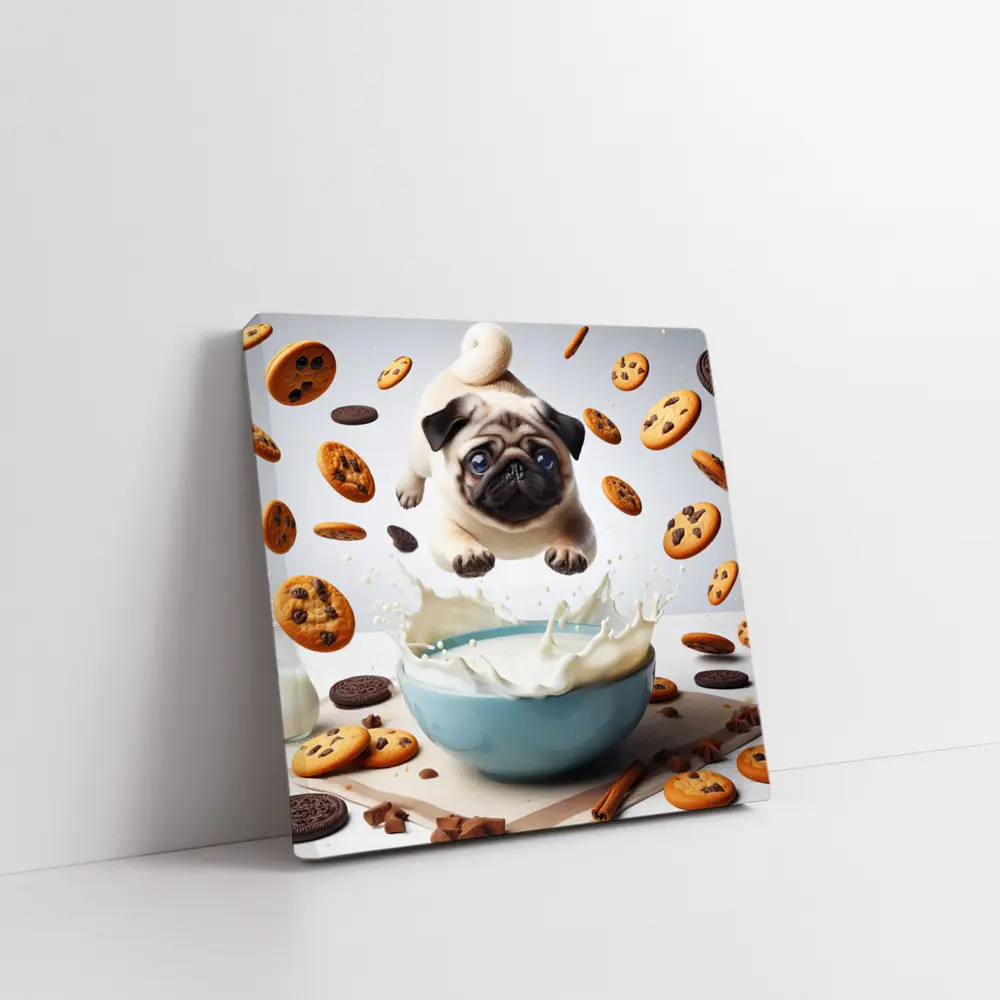 Pug Puppy Flying Over Milk Bowl Cookies – Wall Art