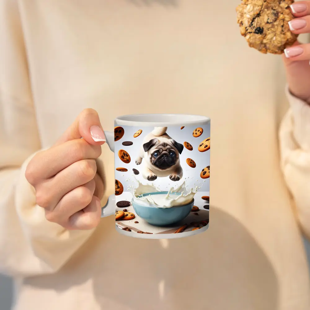 Pug Puppy Flying Over Milk Bowl Cookies – Mugs
