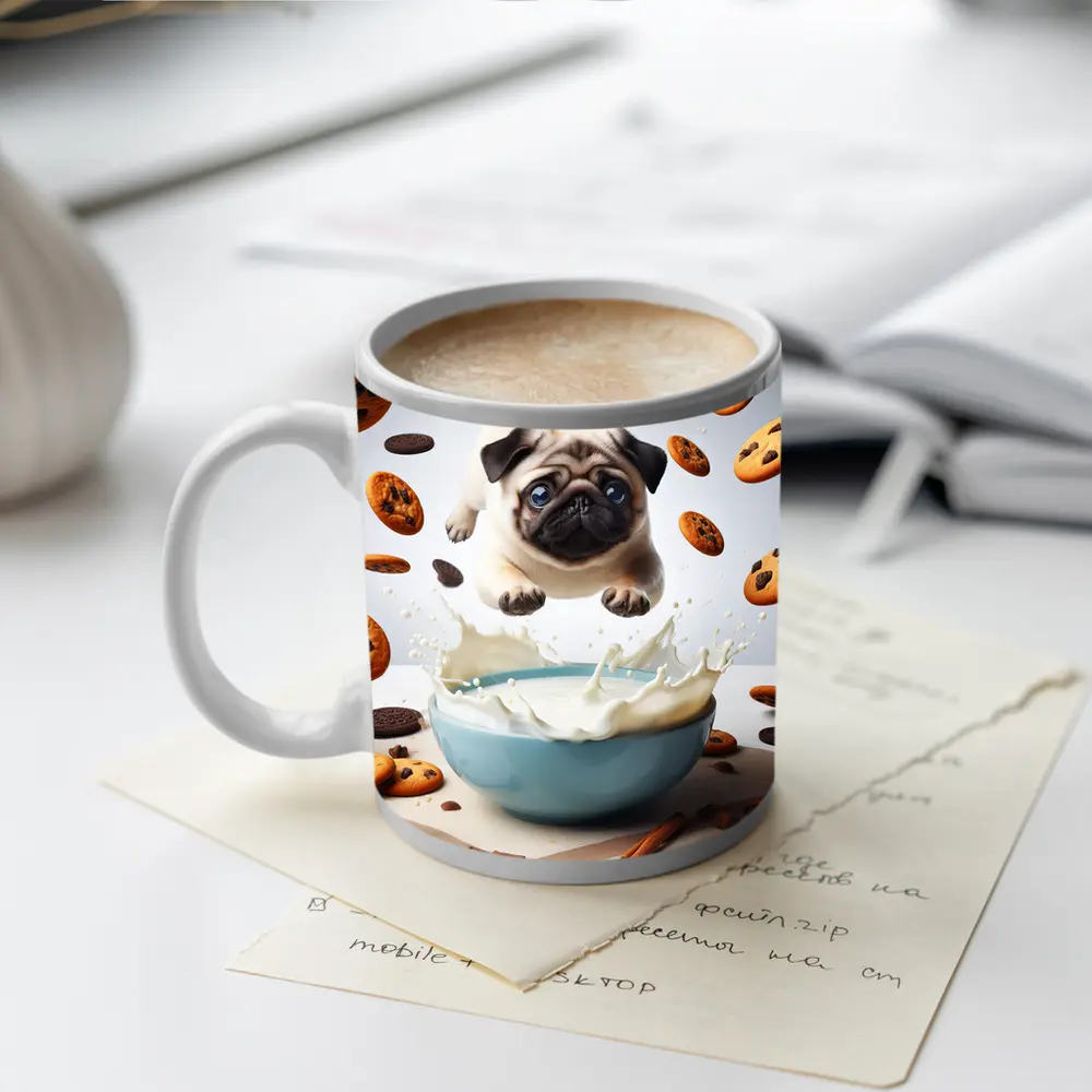 Pug Puppy Flying Over Milk Bowl Cookies – Mugs