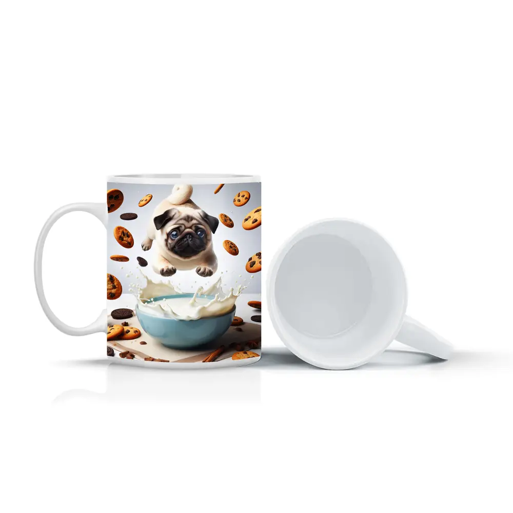 Pug Puppy Flying Over Milk Bowl Cookies – Mugs