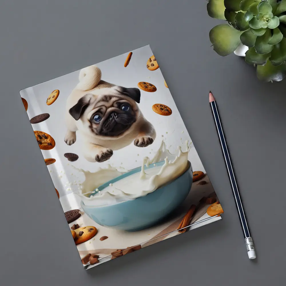 Pug Puppy Flying Over Milk Bowl Cookies – Notebooks