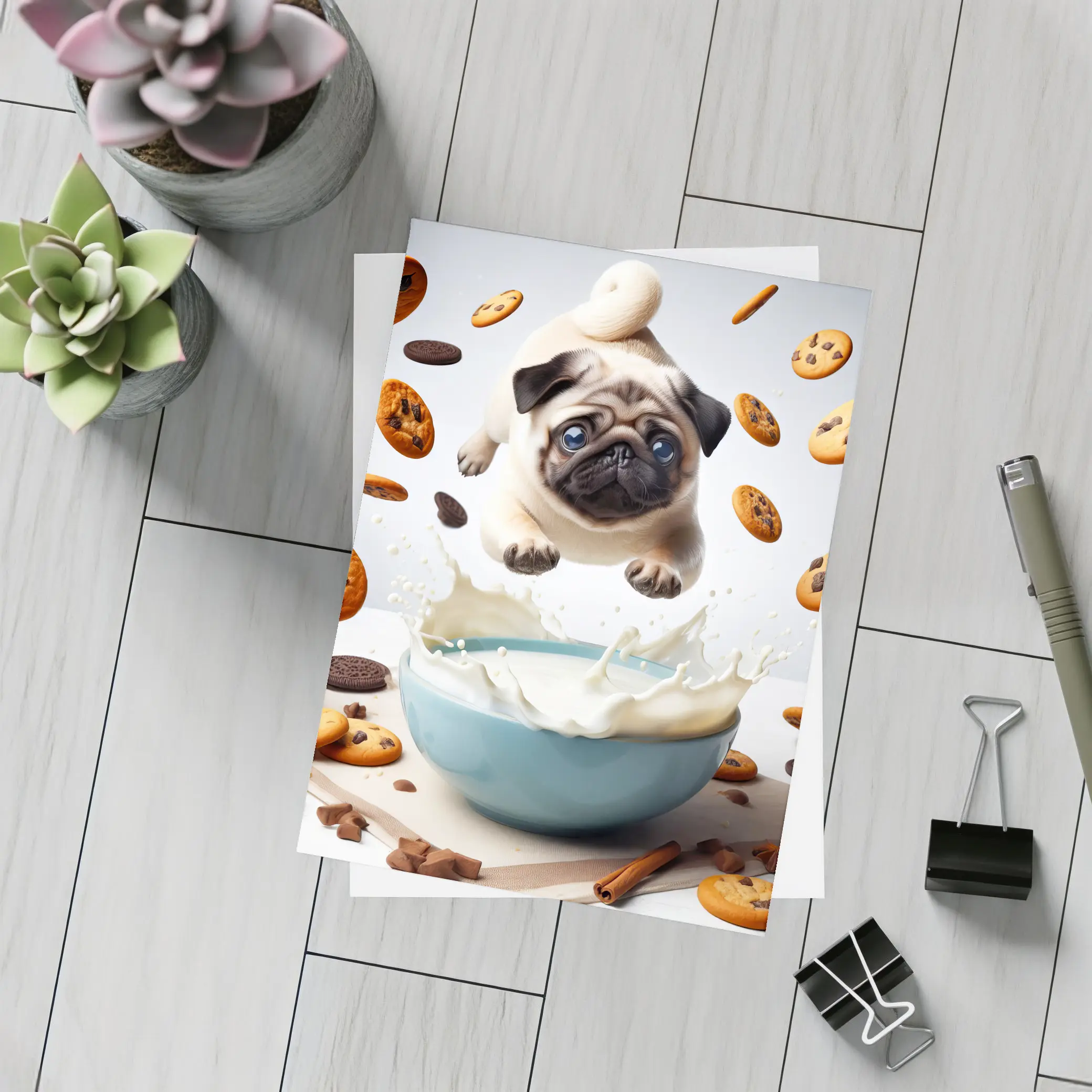Pug Puppy Flying Over Milk Bowl Cookies – Postcards