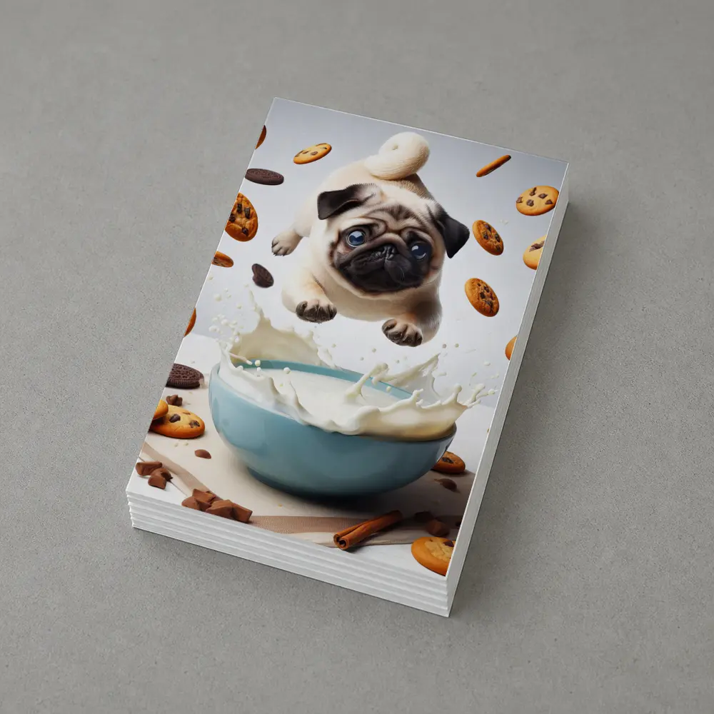 Pug Puppy Flying Over Milk Bowl Cookies – Postcards