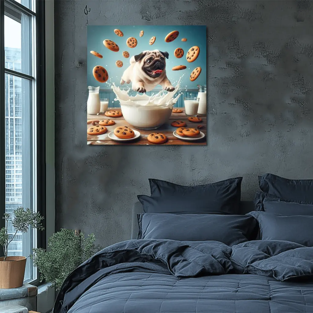 Pug Puppy Splashing Milk Cookies Flying – Wall Art