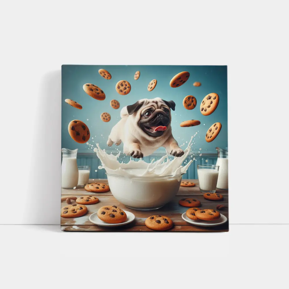 Pug Puppy Splashing Milk Cookies Flying – Wall Art
