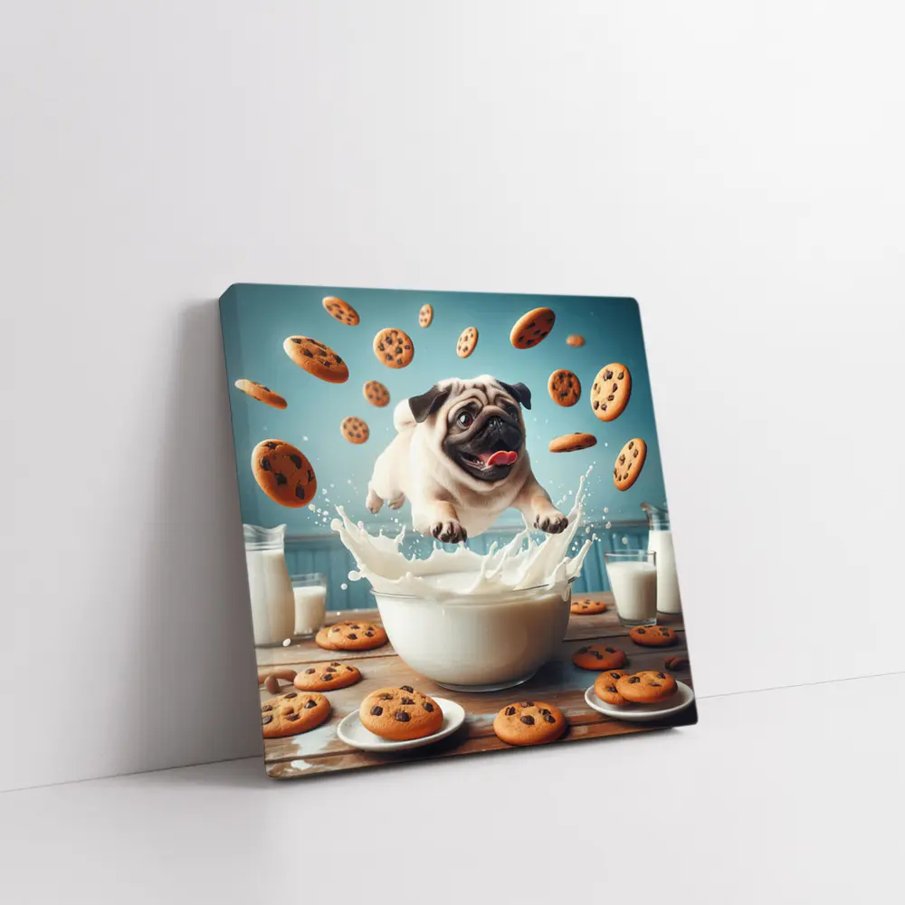 Pug Puppy Splashing Milk Cookies Flying – Wall Art
