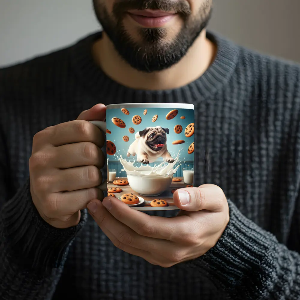 Pug Puppy Splashing Milk Cookies Flying – Mugs