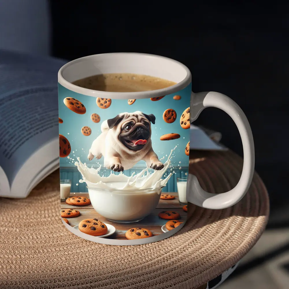 Pug Puppy Splashing Milk Cookies Flying – Mugs