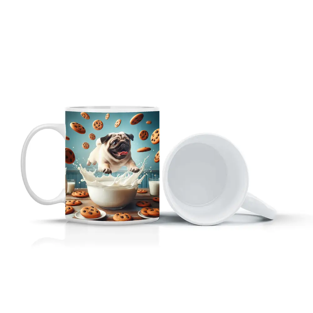 Pug Puppy Splashing Milk Cookies Flying – Mugs
