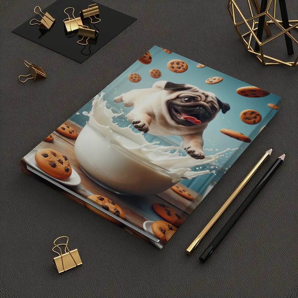 Pug Puppy Splashing Milk Cookies Flying – Notebooks