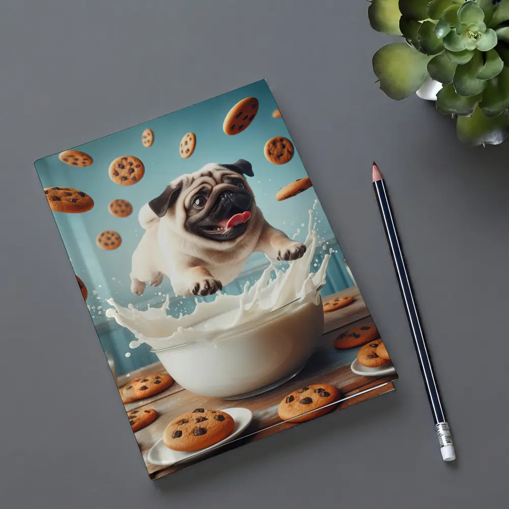 Pug Puppy Splashing Milk Cookies Flying – Notebooks