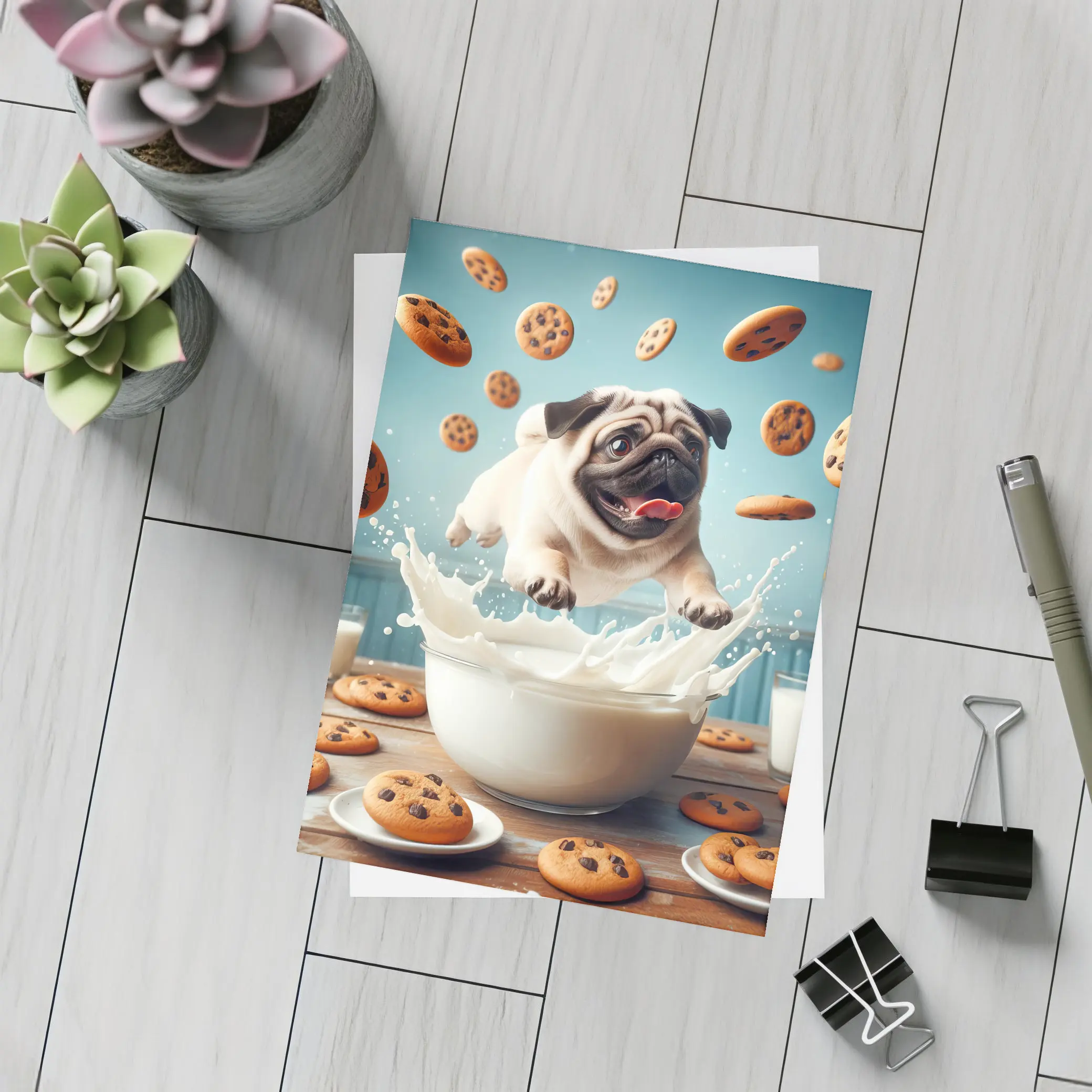 Pug Puppy Splashing Milk Cookies Flying – Postcards