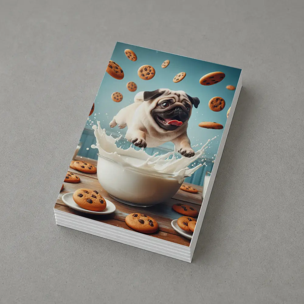 Pug Puppy Splashing Milk Cookies Flying – Postcards