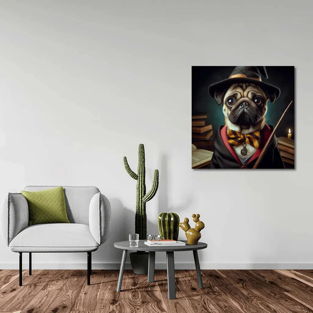 Pug Dog Wizard Hat Wand Fantasy Portrait – Wall Art