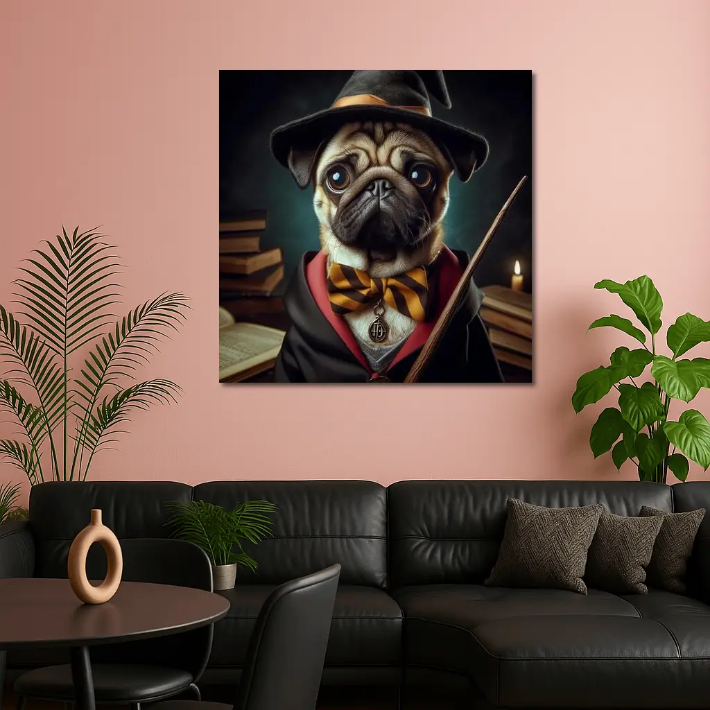 Pug Dog Wizard Hat Wand Fantasy Portrait – Wall Art