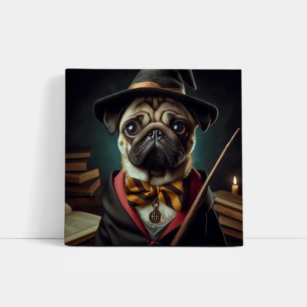 Pug Dog Wizard Hat Wand Fantasy Portrait – Wall Art