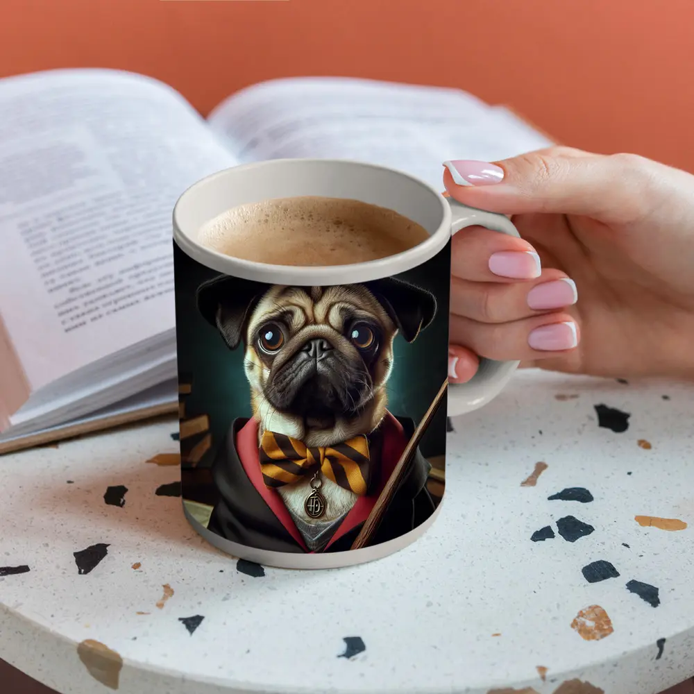 Pug Dog Wizard Hat Wand Fantasy Portrait – Mugs