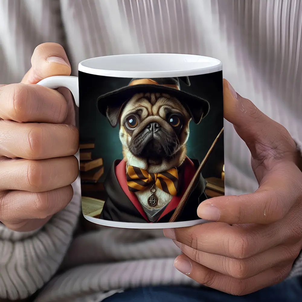 Pug Dog Wizard Hat Wand Fantasy Portrait – Mugs