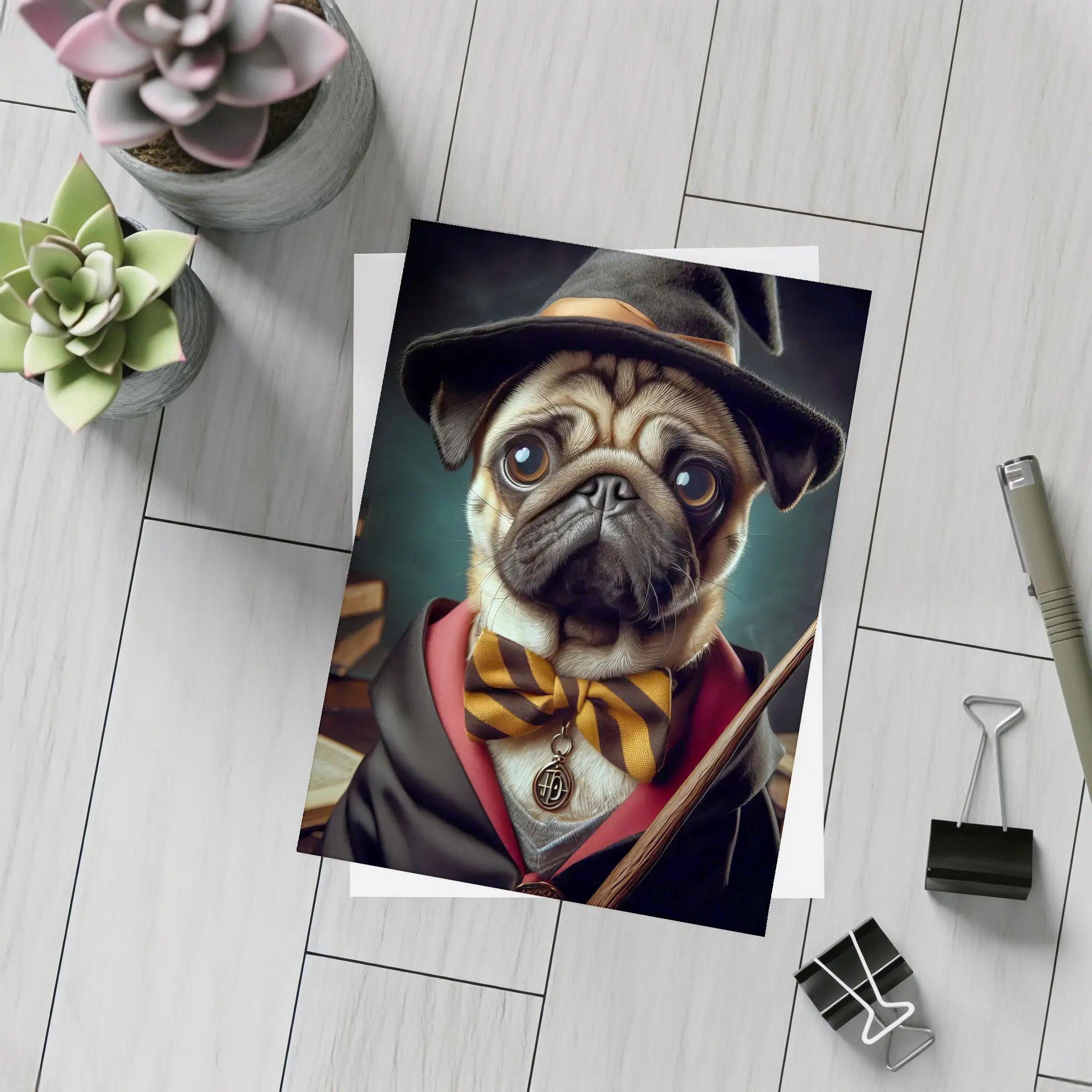 Pug Dog Wizard Hat Wand Fantasy Portrait – Postcards