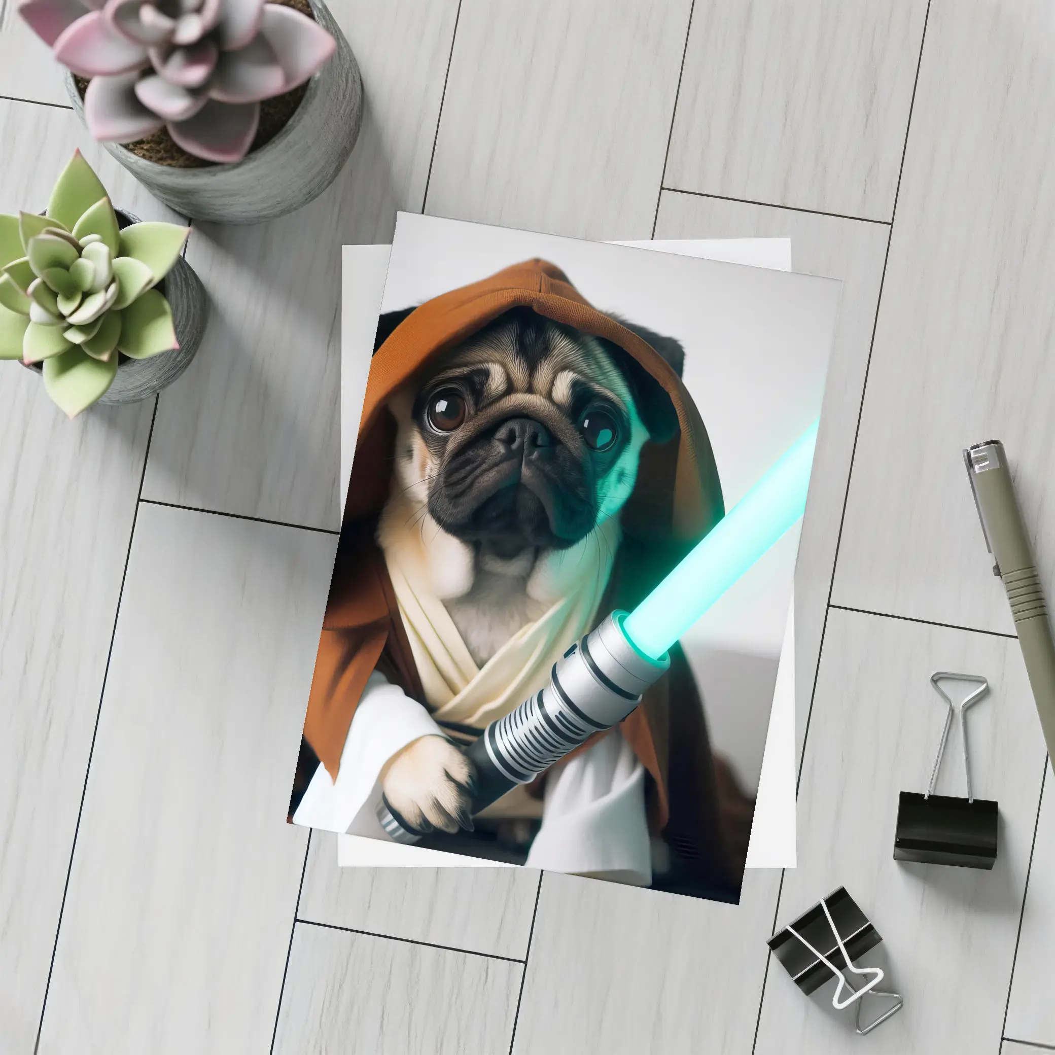 Pug Dog Jedi Robe Green Lightsaber – Postcards