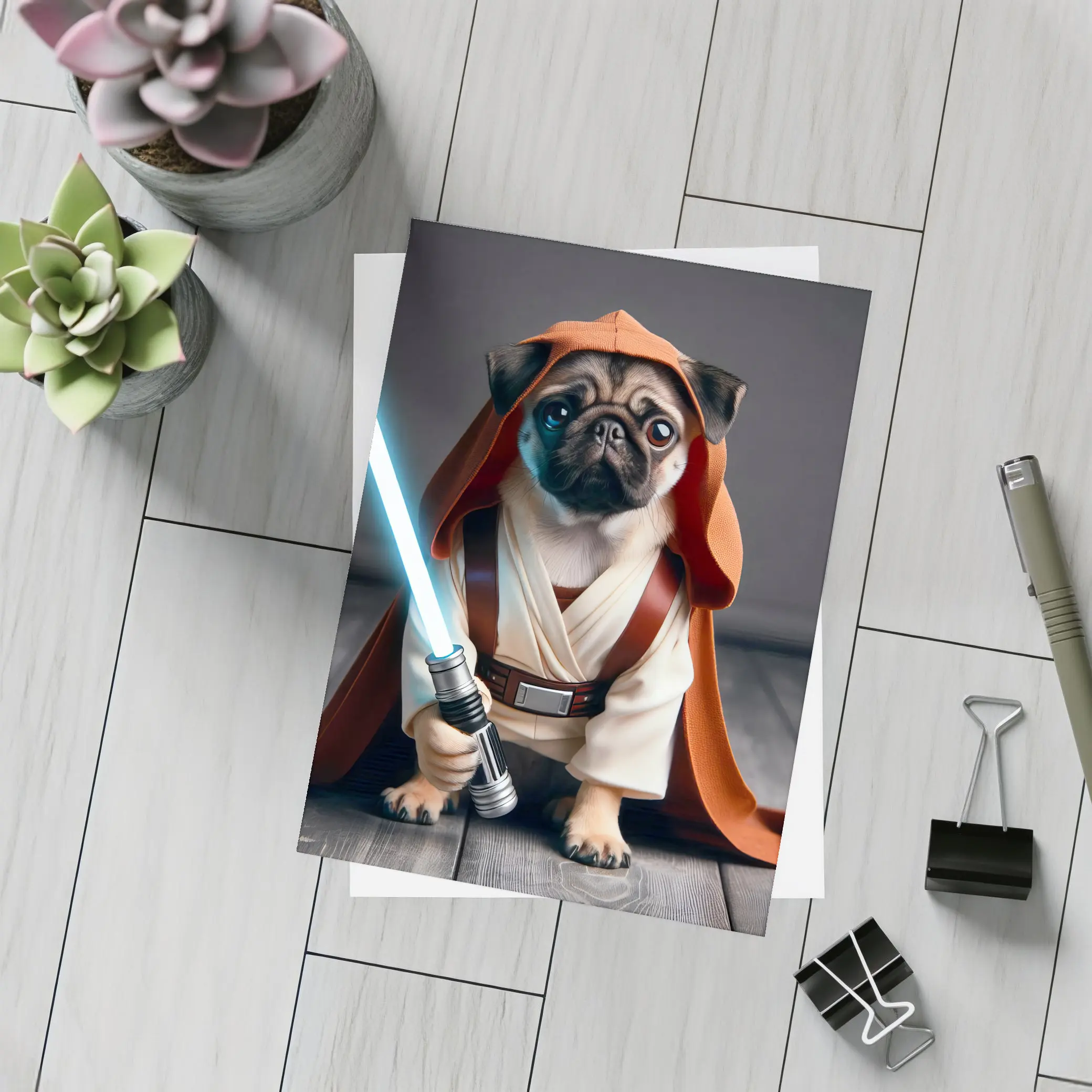 Pug Dog Dressed As Jedi Knight – Postcards