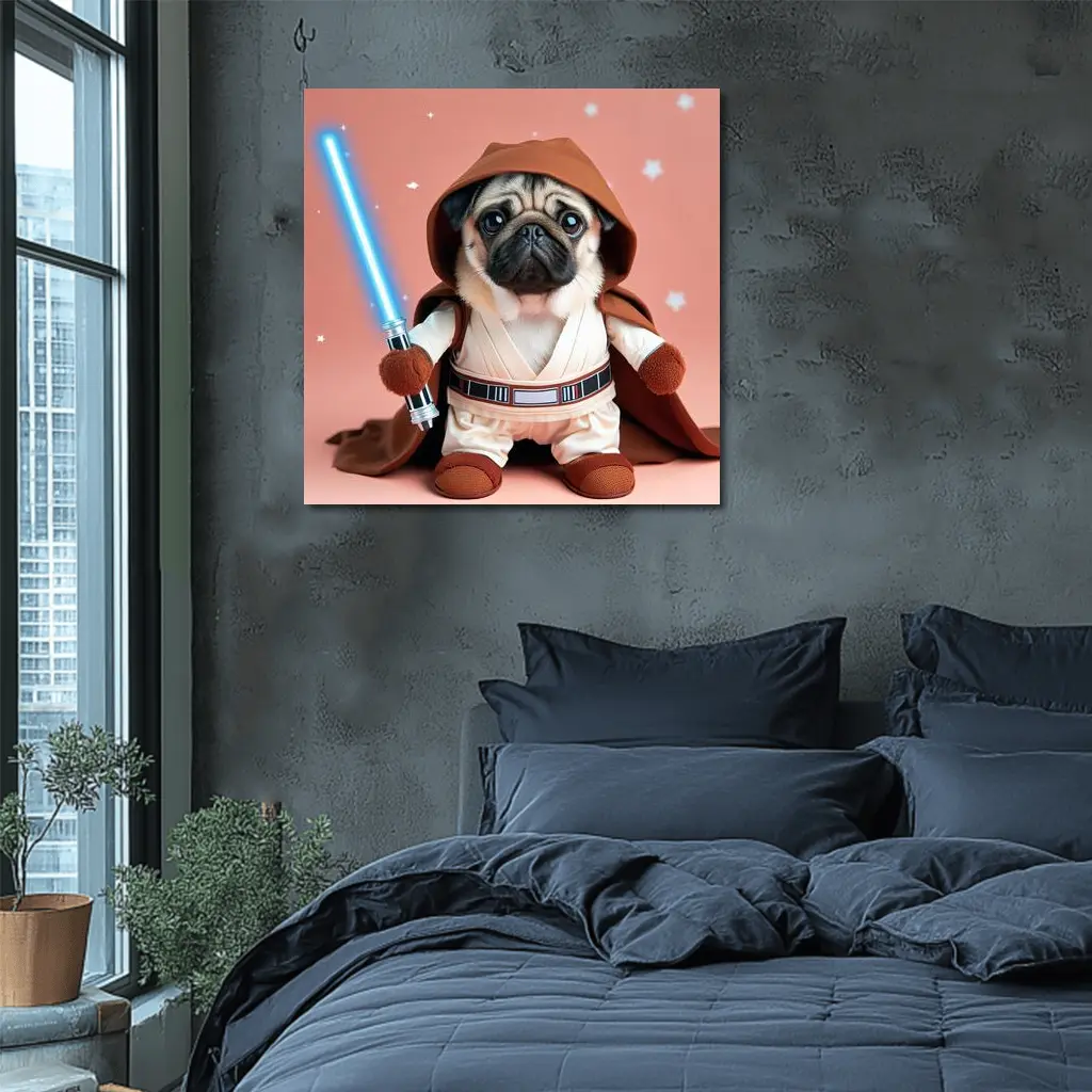 Pug Jedi Costume Blue Lightsaber Pink Background – Wall Art