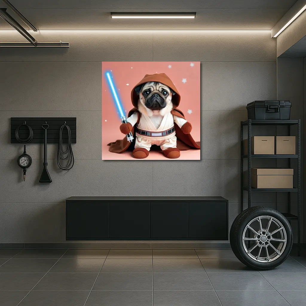 Pug Jedi Costume Blue Lightsaber Pink Background – Wall Art