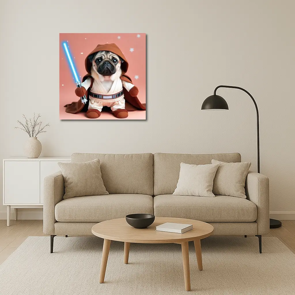 Pug Jedi Costume Blue Lightsaber Pink Background – Wall Art