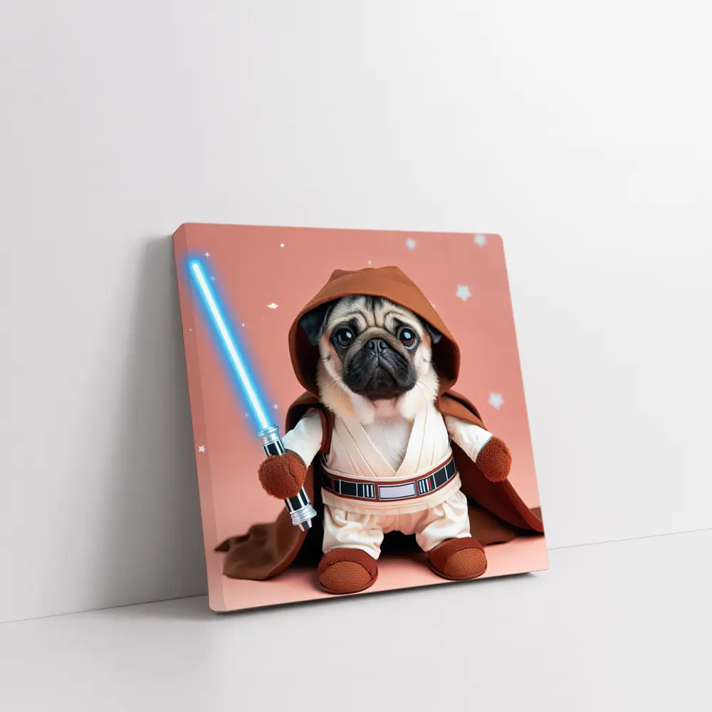 Pug Jedi Costume Blue Lightsaber Pink Background – Wall Art