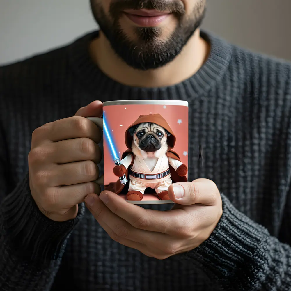 Pug Jedi Costume Blue Lightsaber Pink Background – Mugs