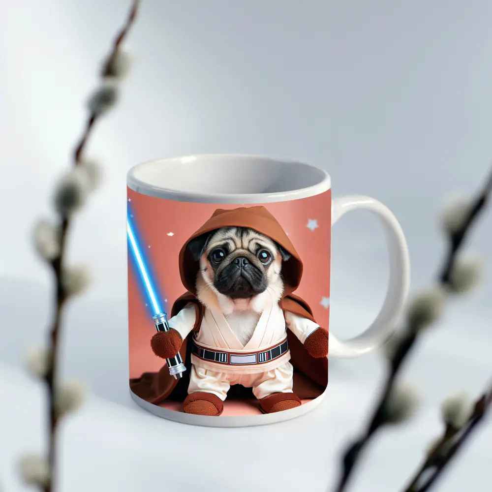 Pug Jedi Costume Blue Lightsaber Pink Background – Mugs