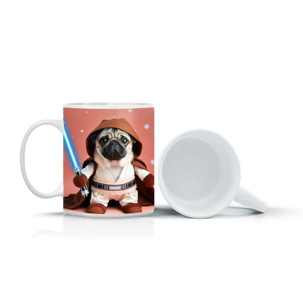 Pug Jedi Costume Blue Lightsaber Pink Background – Mugs