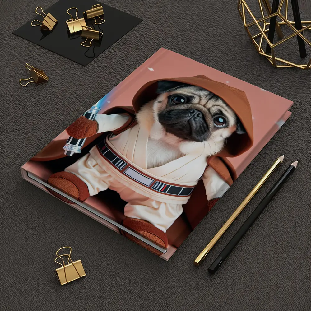 Pug Jedi Costume Blue Lightsaber Pink Background – Notebooks