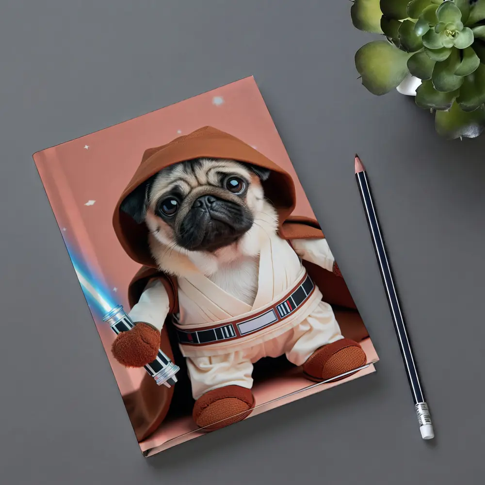 Pug Jedi Costume Blue Lightsaber Pink Background – Notebooks