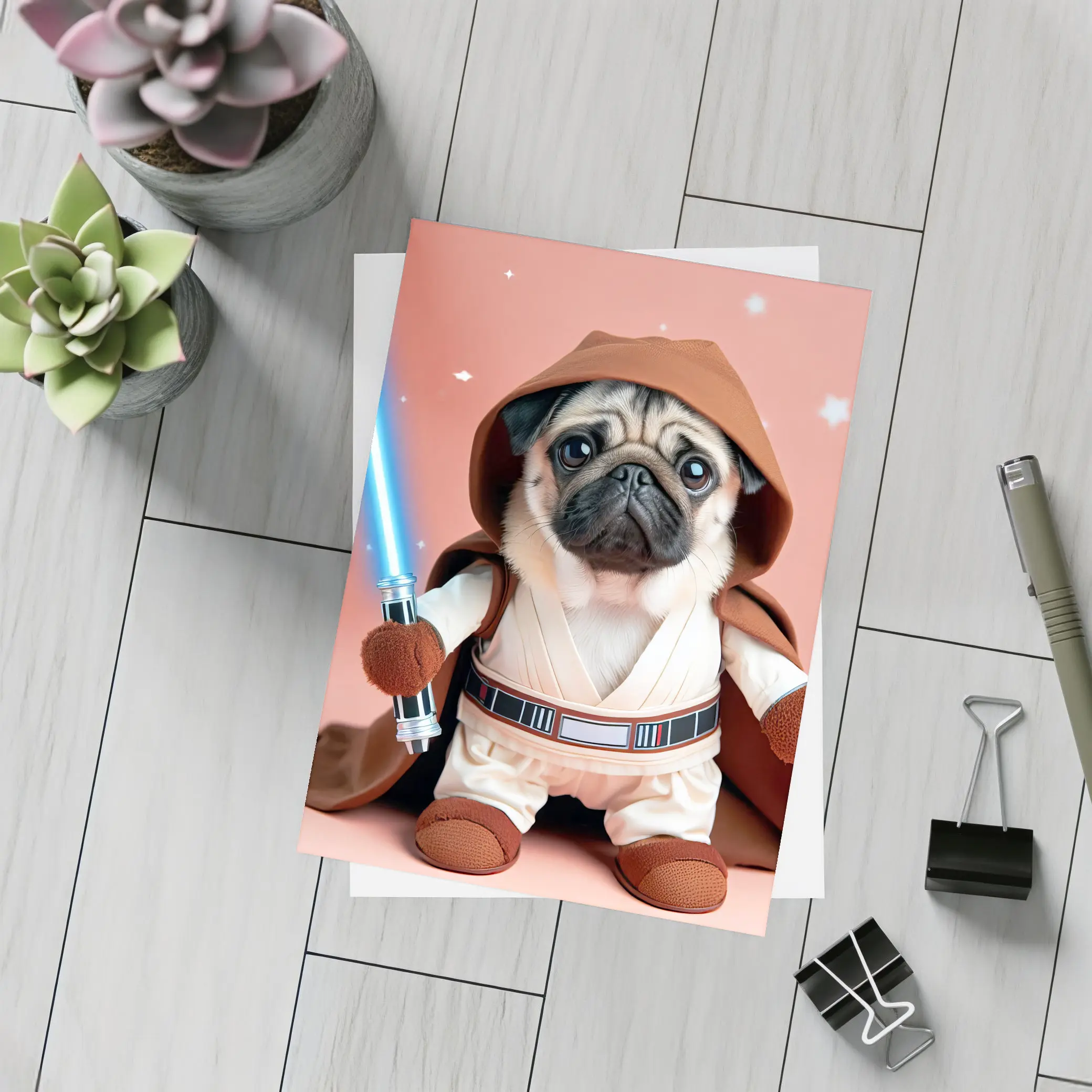 Pug Jedi Costume Blue Lightsaber Pink Background – Postcards
