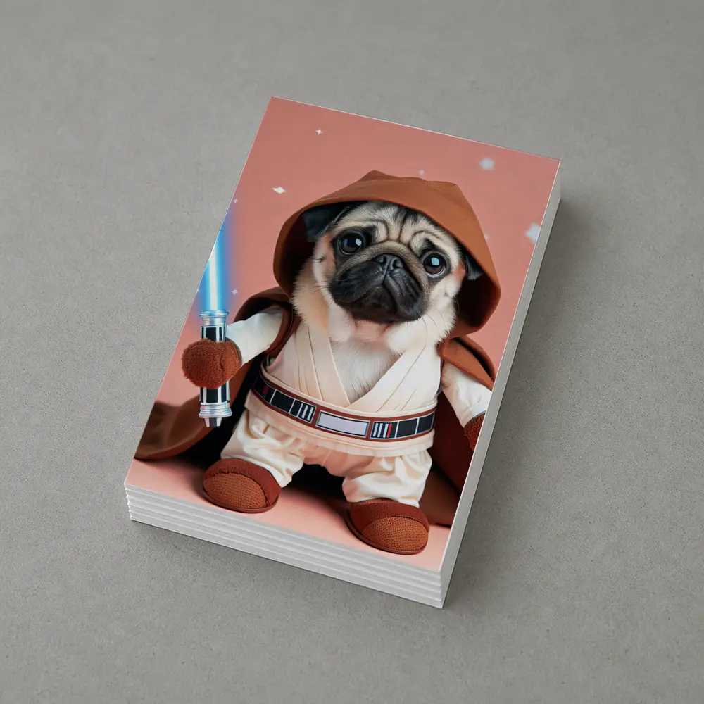 Pug Jedi Costume Blue Lightsaber Pink Background – Postcards