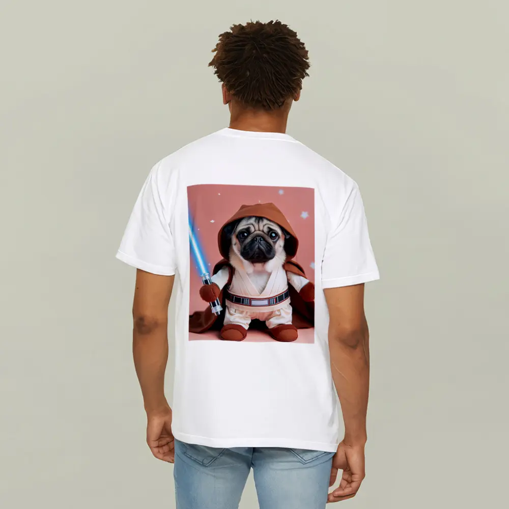 Pug Jedi Costume Blue Lightsaber Pink Background – T-Shirts