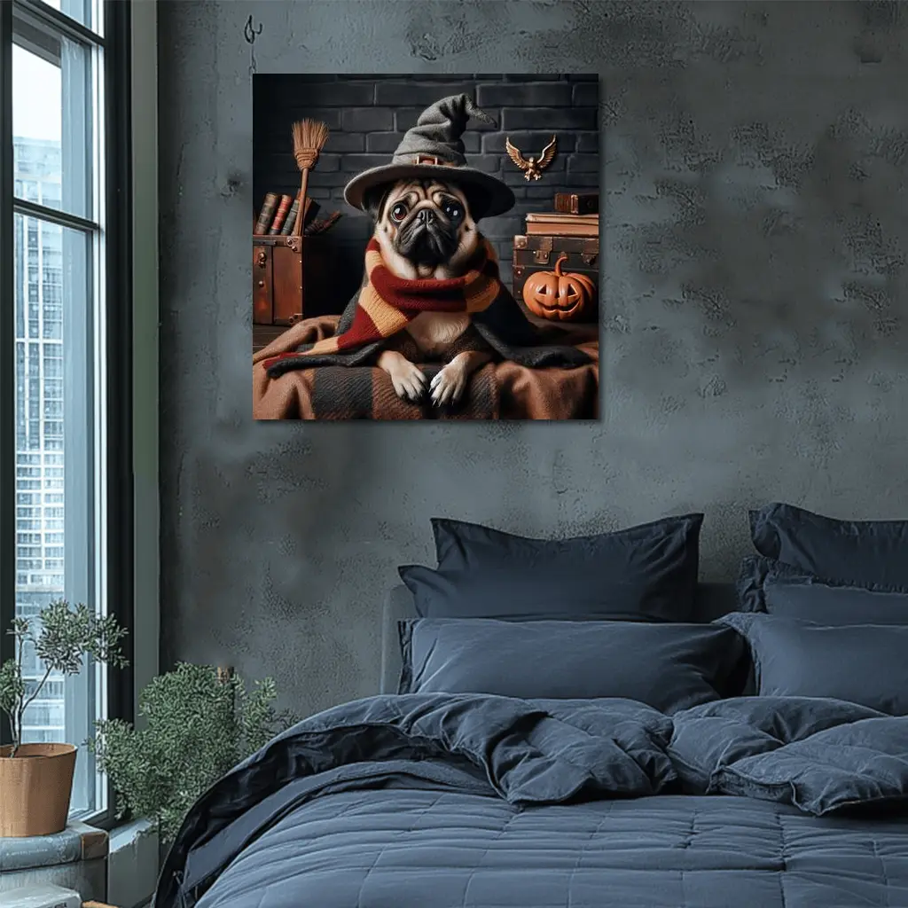 Pug Dog Wizard Hat Halloween Spooky Setting – Wall Art