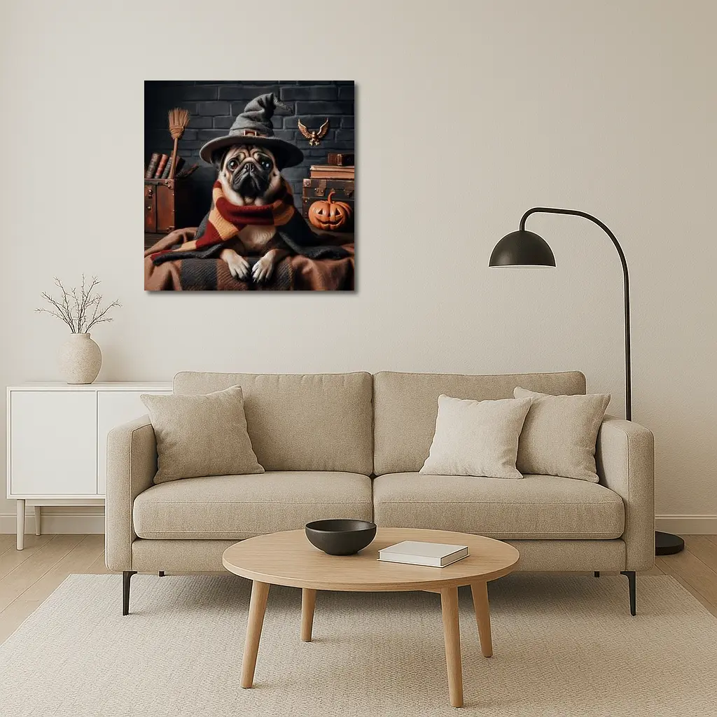 Pug Dog Wizard Hat Halloween Spooky Setting – Wall Art