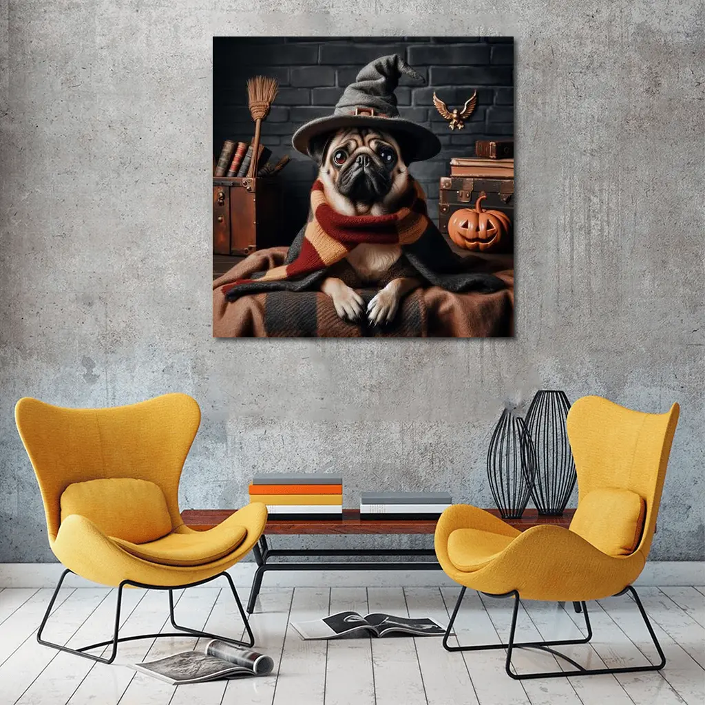 Pug Dog Wizard Hat Halloween Spooky Setting – Wall Art