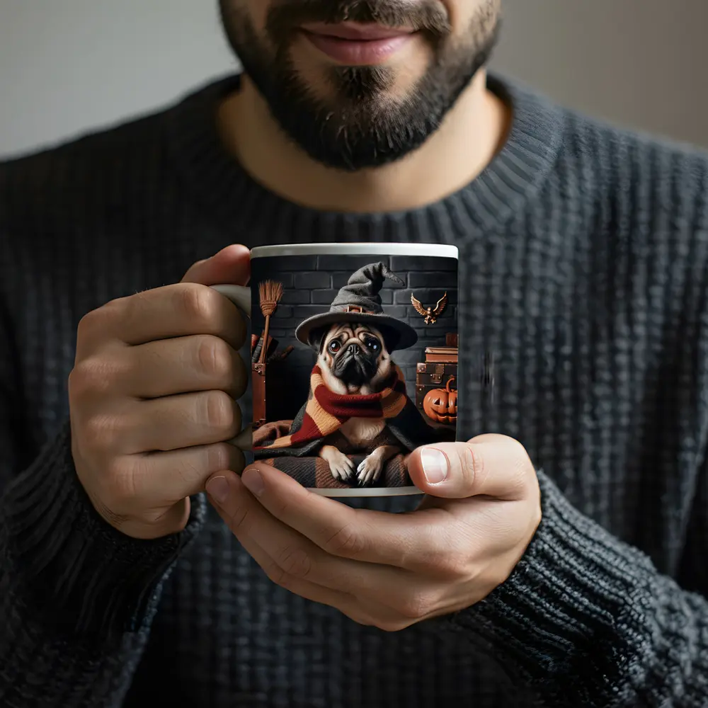 Pug Dog Wizard Hat Halloween Spooky Setting – Mugs