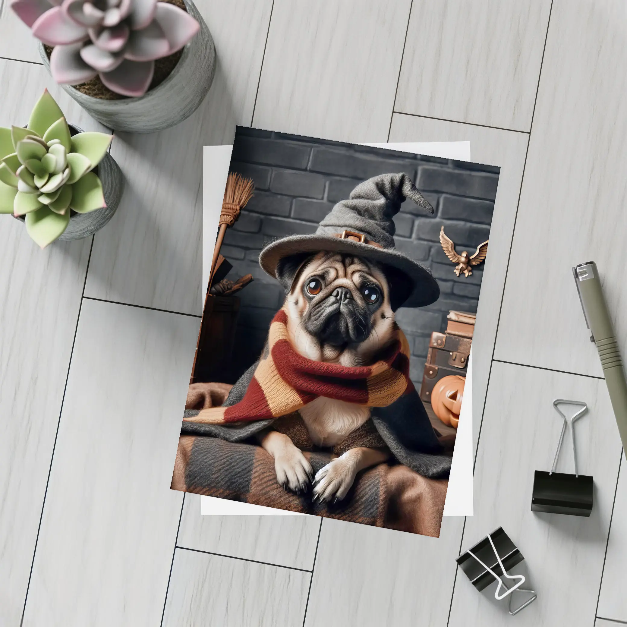 Pug Dog Wizard Hat Halloween Spooky Setting – Postcards
