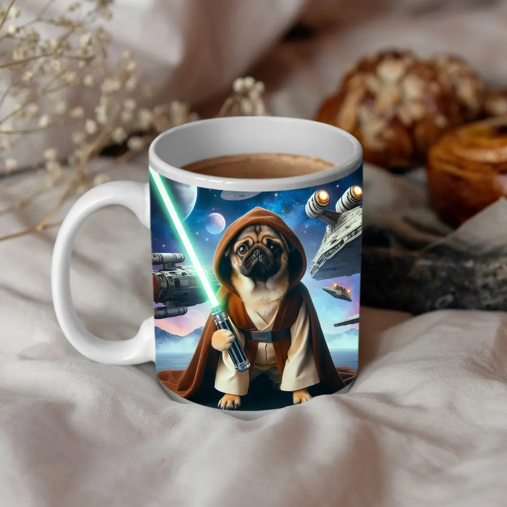 Pug Jedi Space Battle Galaxy Background – Mugs