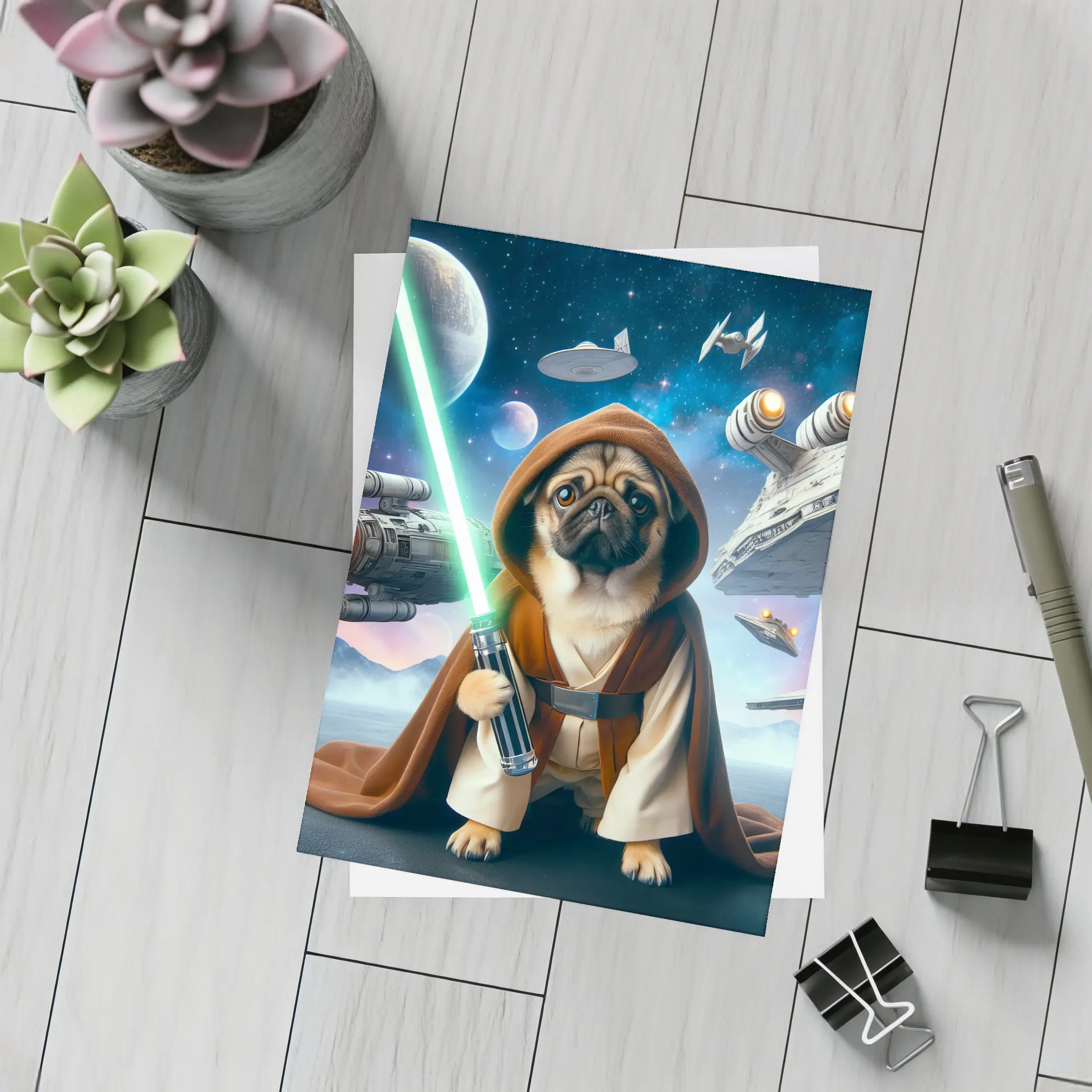 Pug Jedi Space Battle Galaxy Background – Postcards