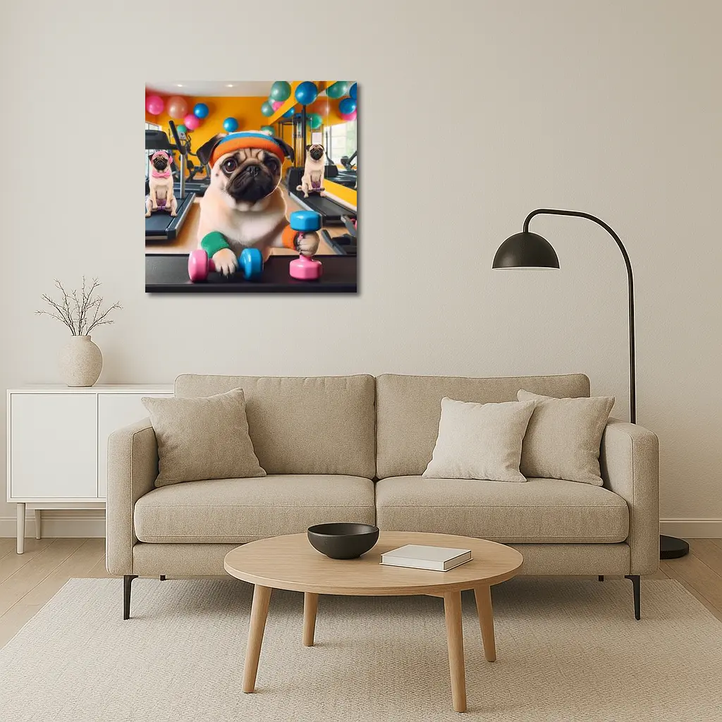 Pugs Working Out in Colorful Gym – Wall Art